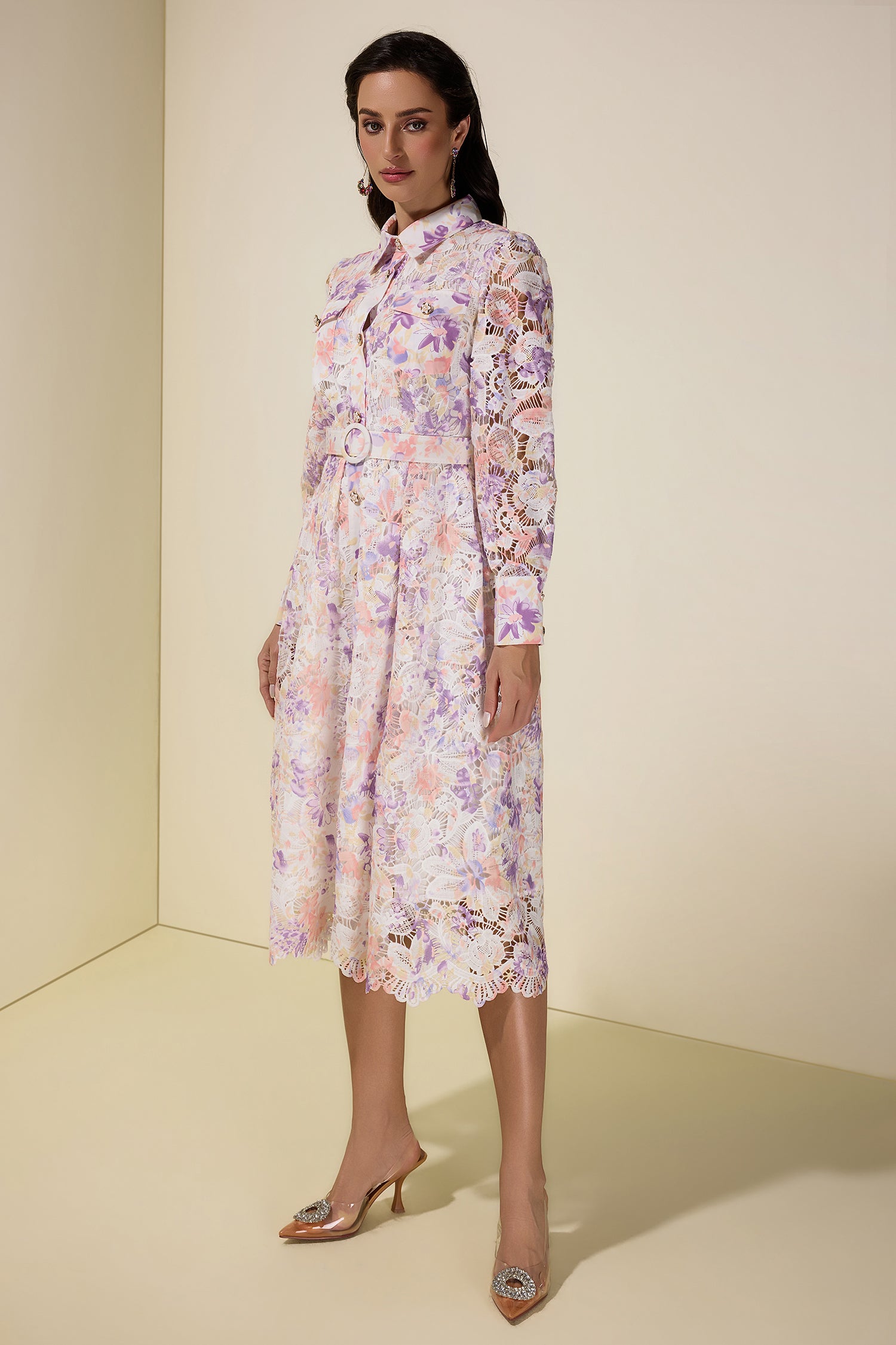Lace Floral Single Breasted Midi Dress With Belt