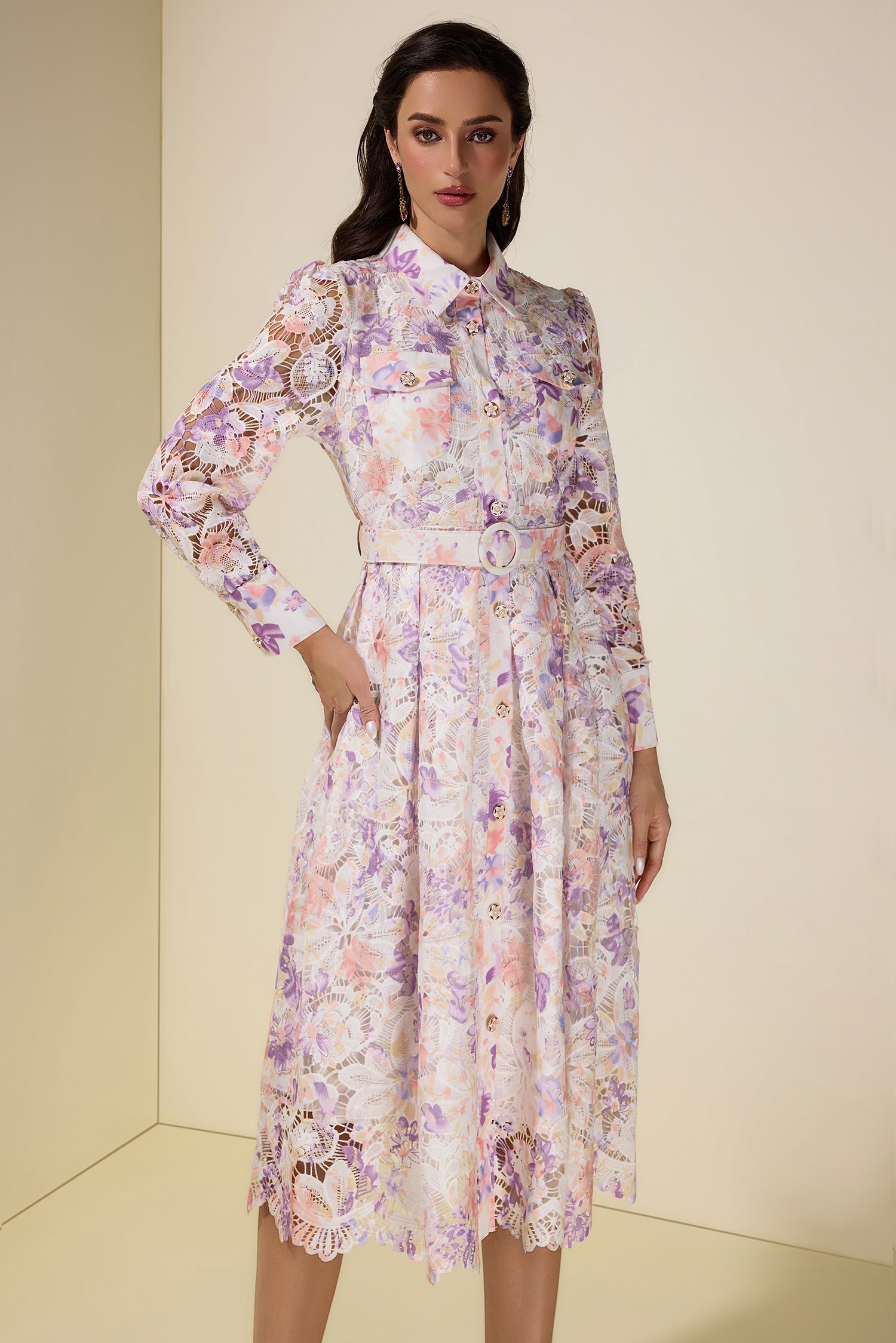 Lace Floral Single Breasted Midi Dress With Belt