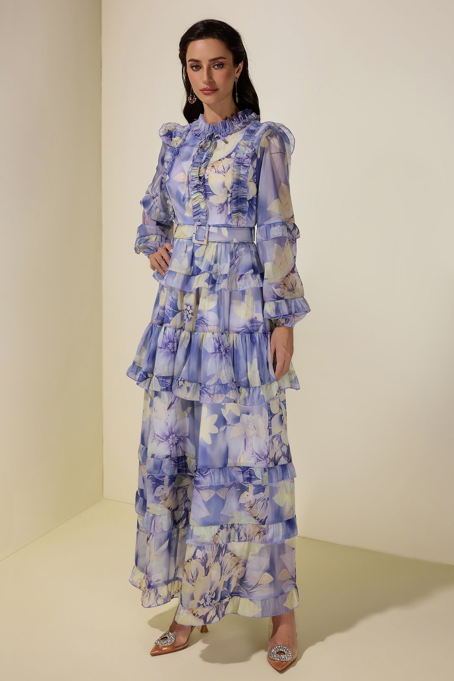 Floral Ruffle Maxi Dress With Belt