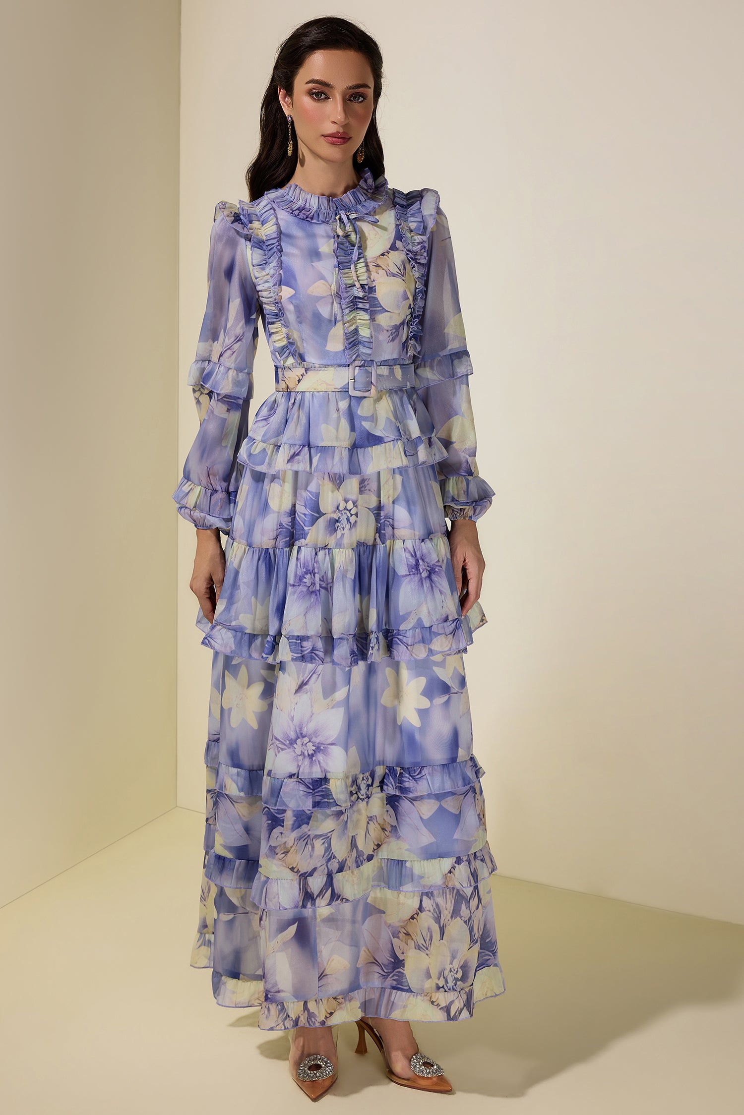 Floral Ruffle Maxi Dress With Belt
