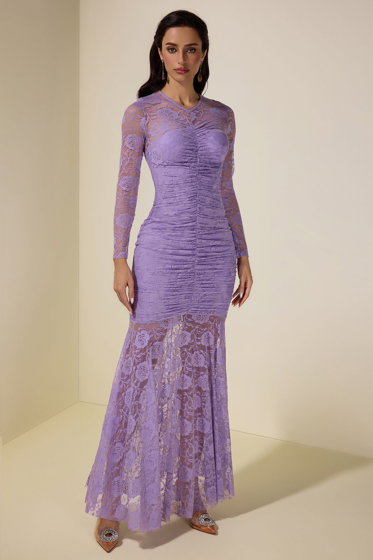 Lace Gathering Long Sleeve Midi Dress