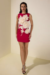 Contrast Color 3D Flower Round Neck Mini Dress