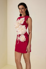 Contrast Color 3D Flower Round Neck Mini Dress