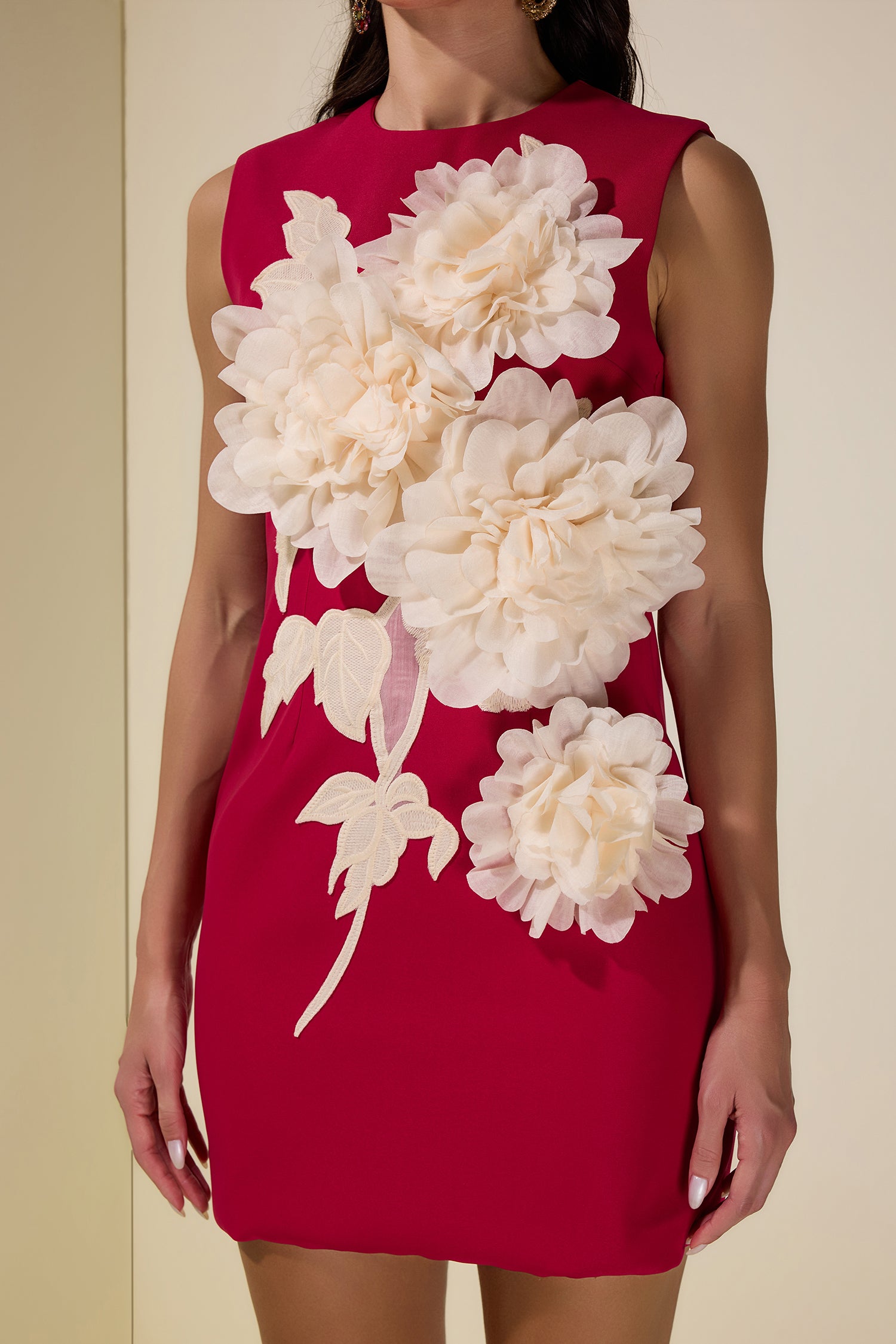 Contrast Color 3D Flower Round Neck Mini Dress