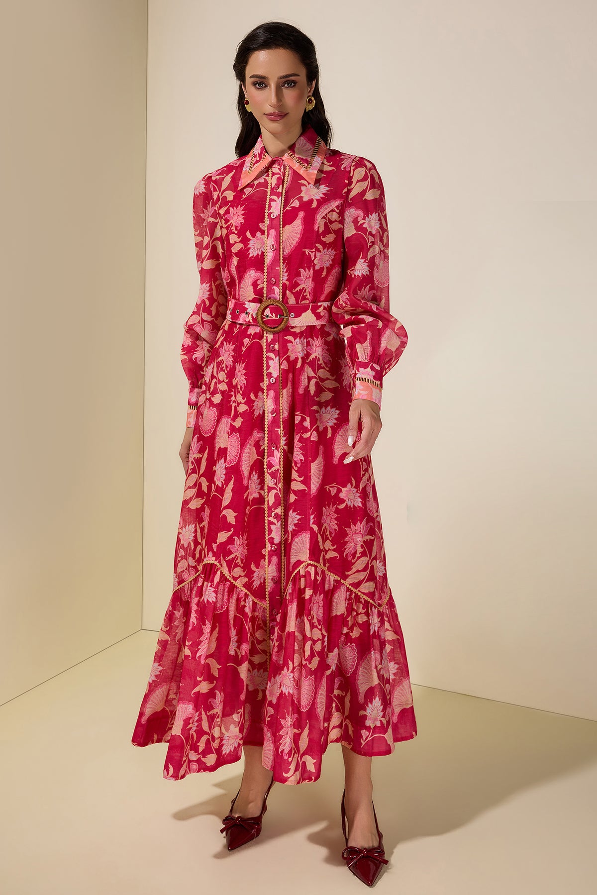 Paisley Print Lace Midi Dress With Belt