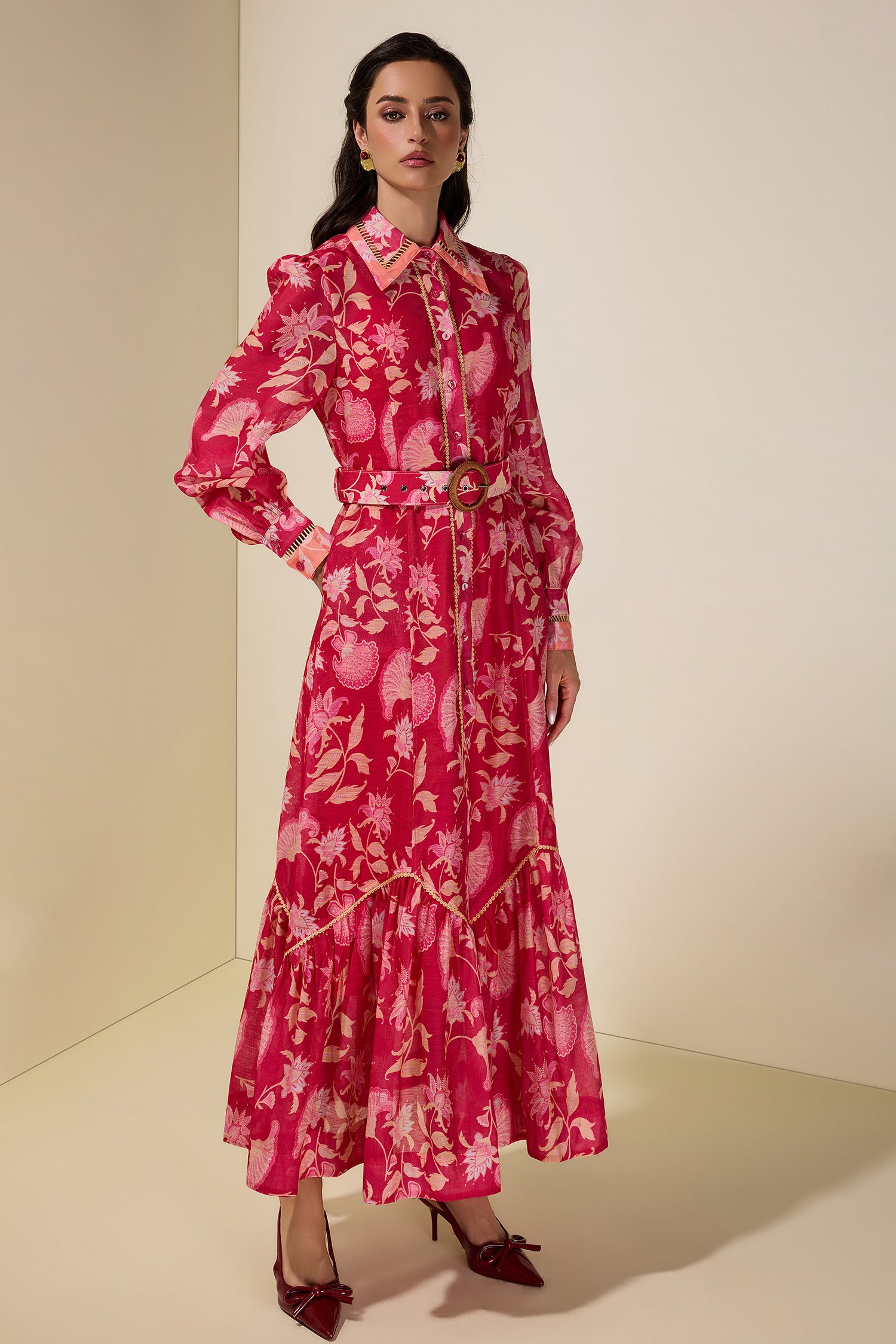 Paisley Print Lace Midi Dress With Belt