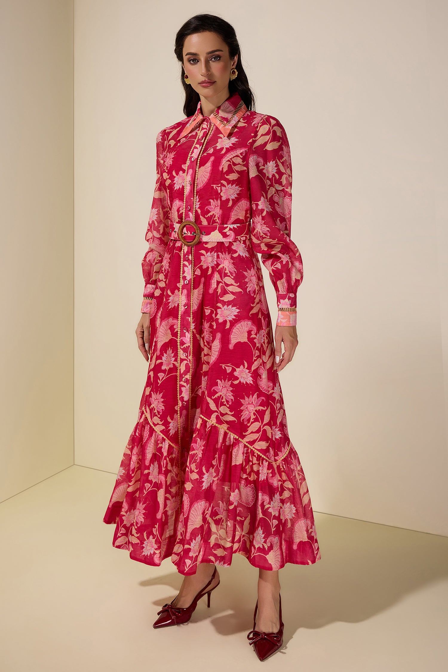 Paisley Print Lace Midi Dress With Belt