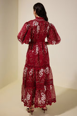 Lace Embroidered Puff Sleeve Midi Dress