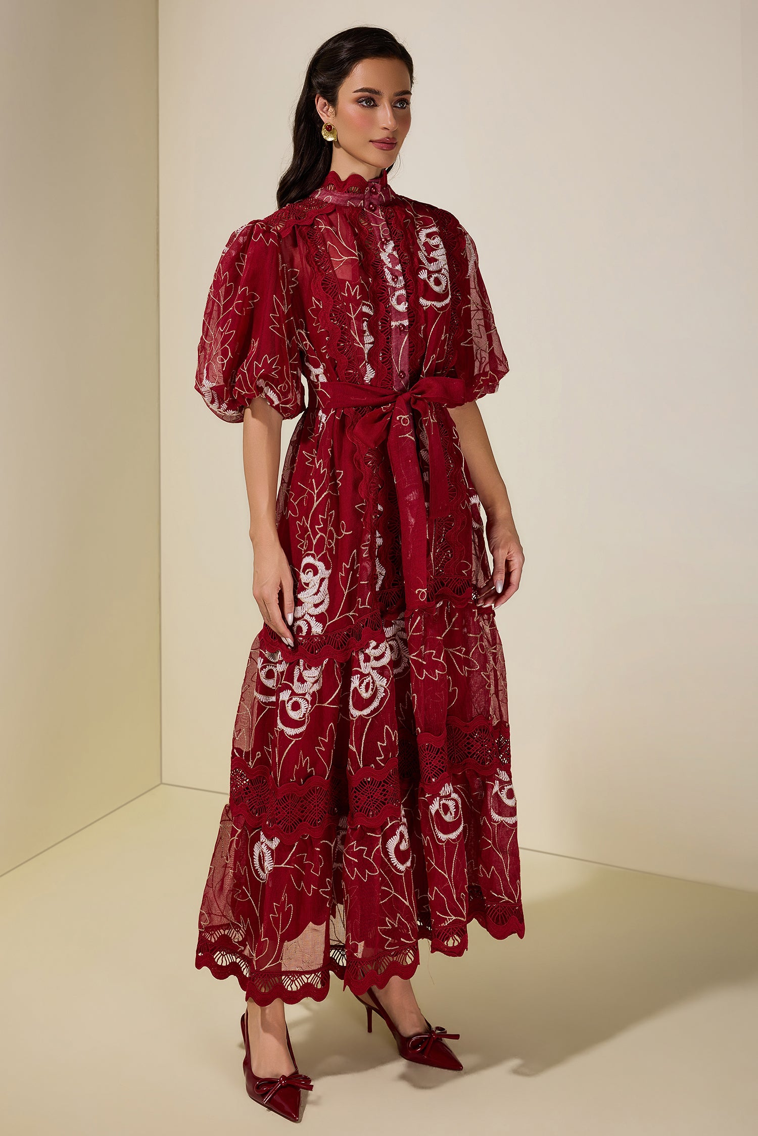 Lace Embroidered Puff Sleeve Midi Dress