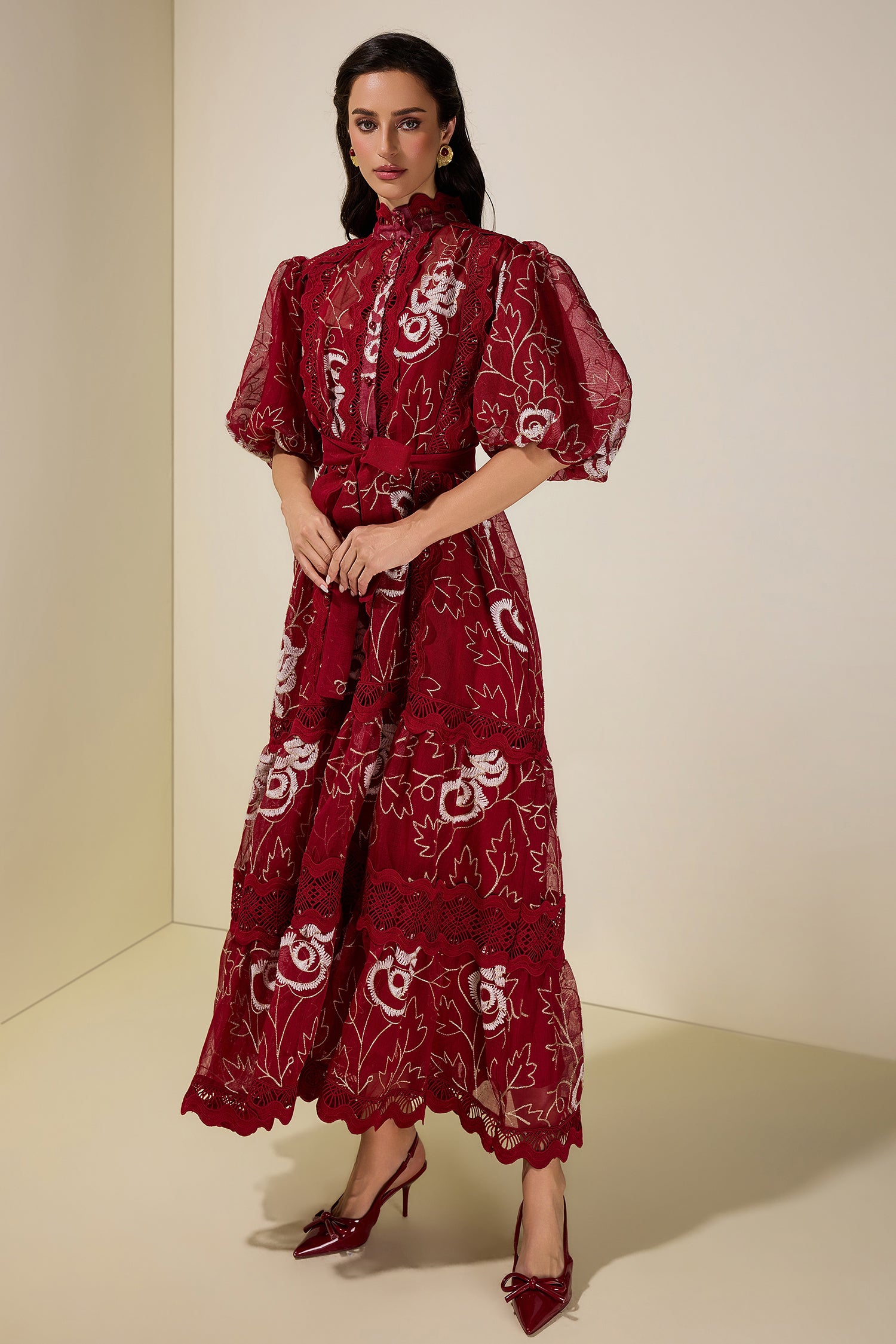 Lace Embroidered Puff Sleeve Midi Dress