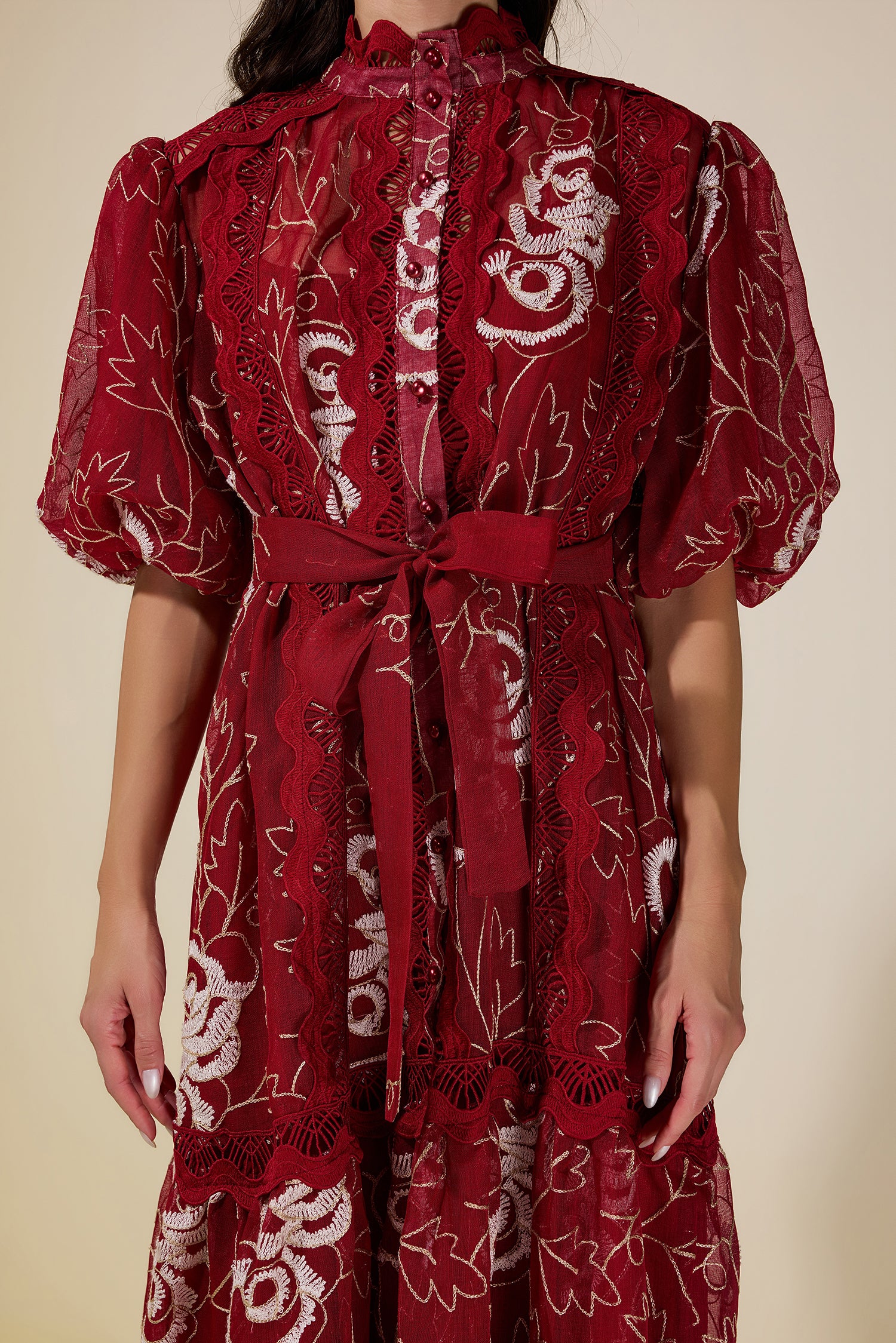 Lace Embroidered Puff Sleeve Midi Dress