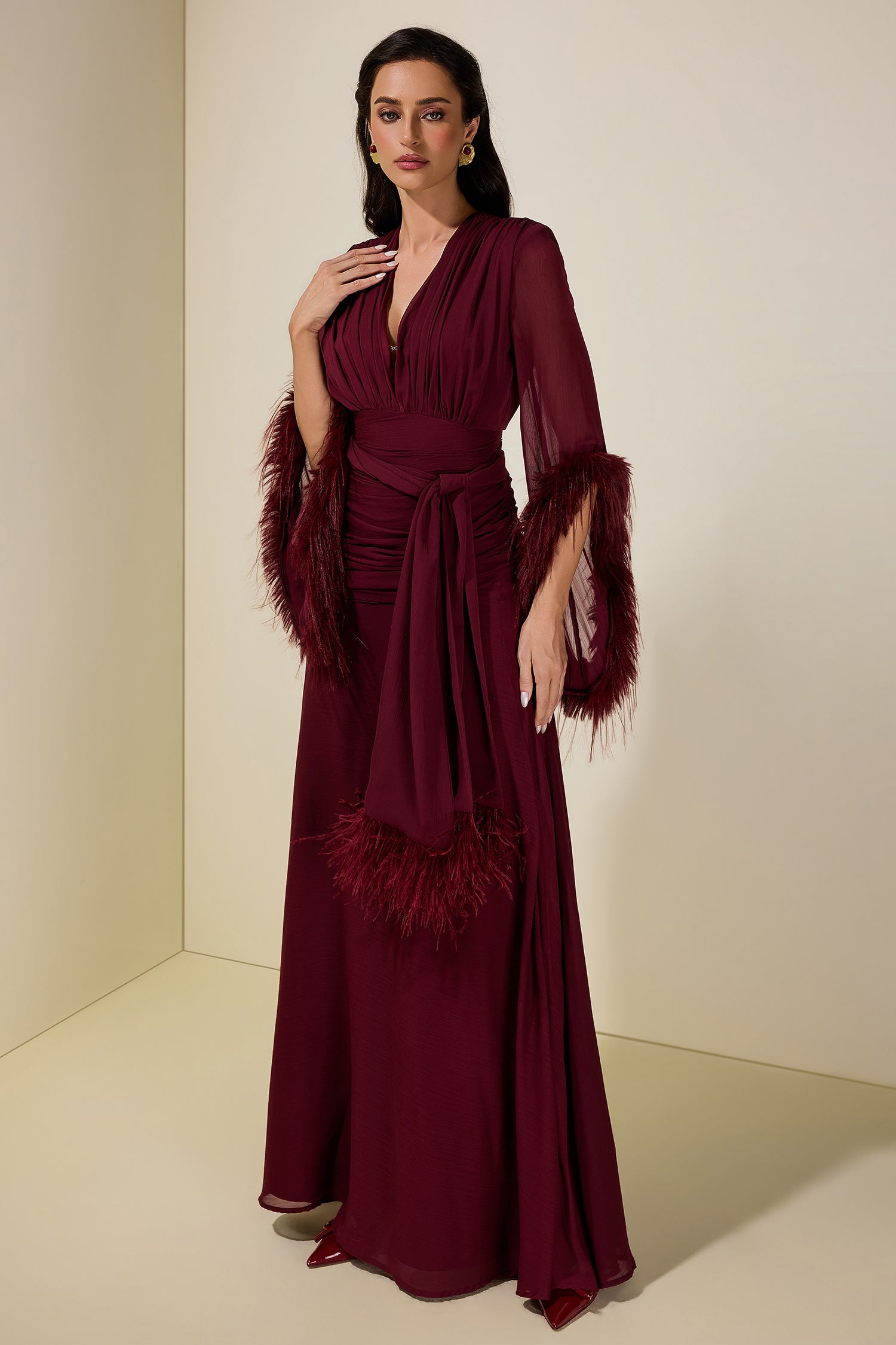 Chiffon Splicing Tassel V-Neck Maxi Dress With Belt