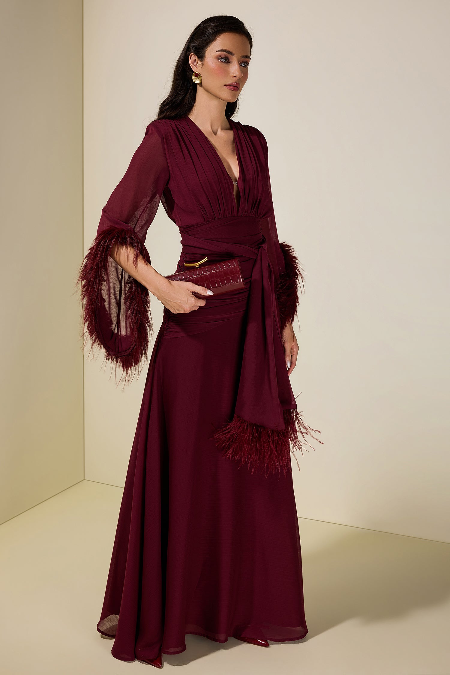 Chiffon Splicing Tassel V-Neck Maxi Dress With Belt
