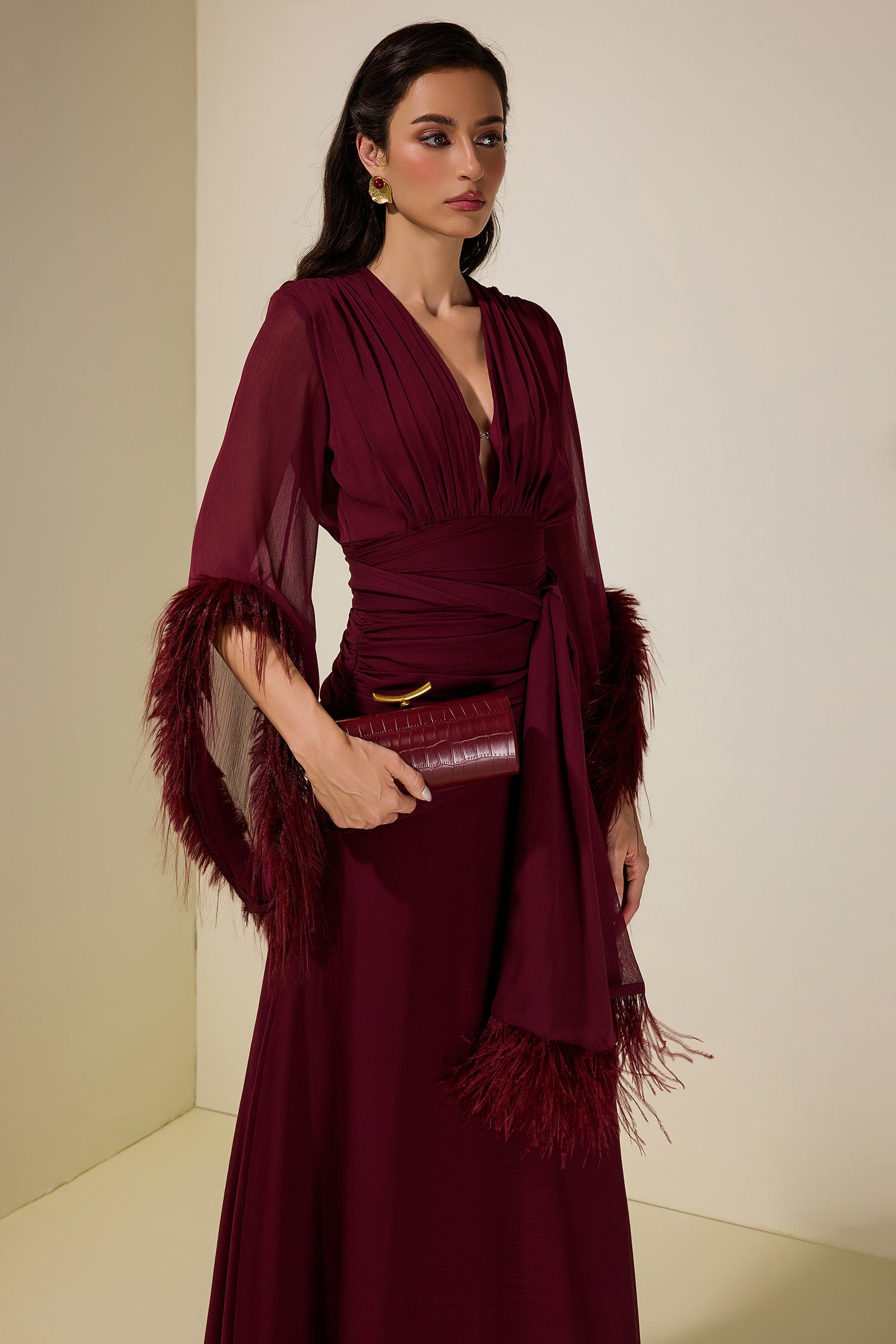 Chiffon Splicing Tassel V-Neck Maxi Dress With Belt