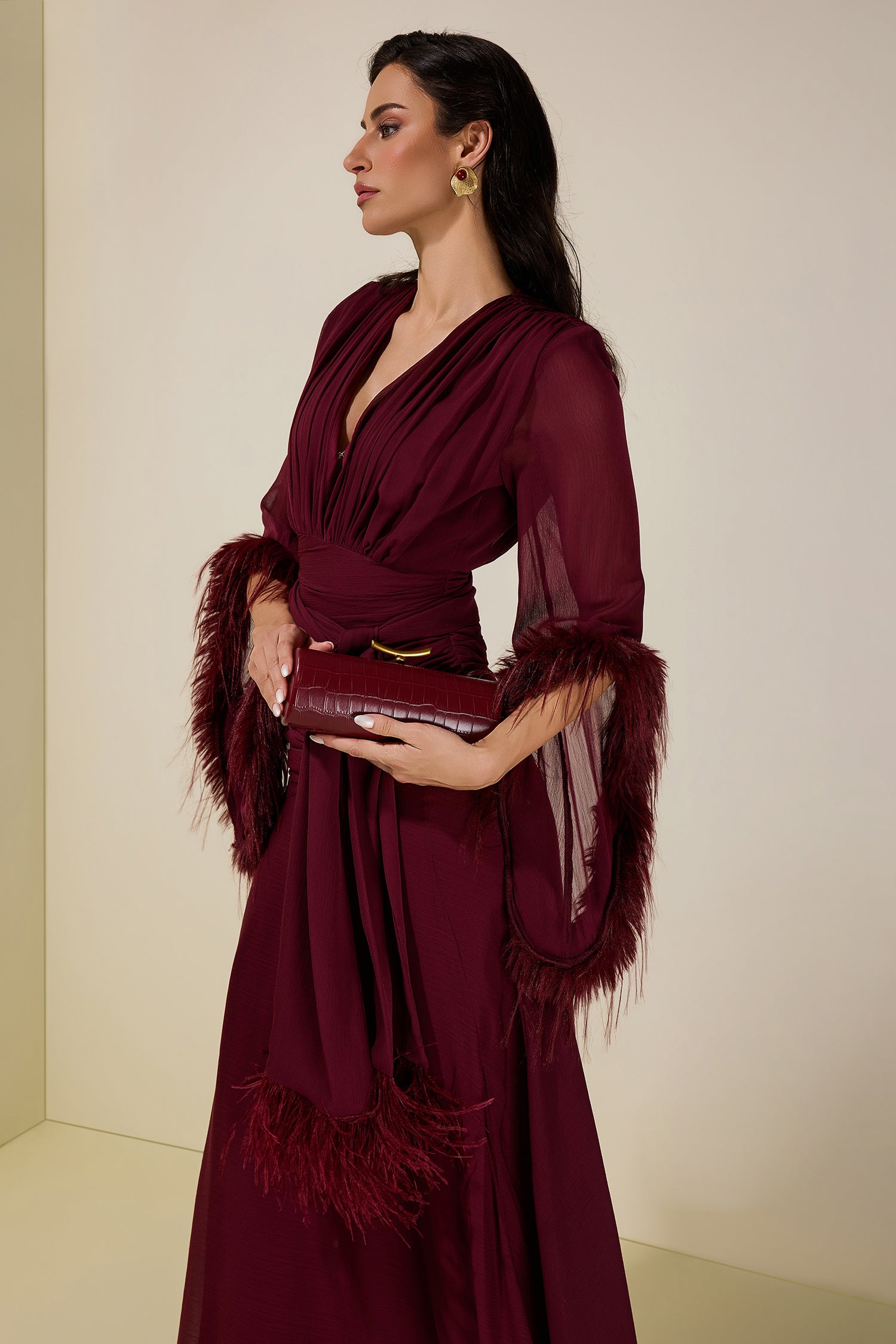 Chiffon Splicing Tassel V-Neck Maxi Dress With Belt
