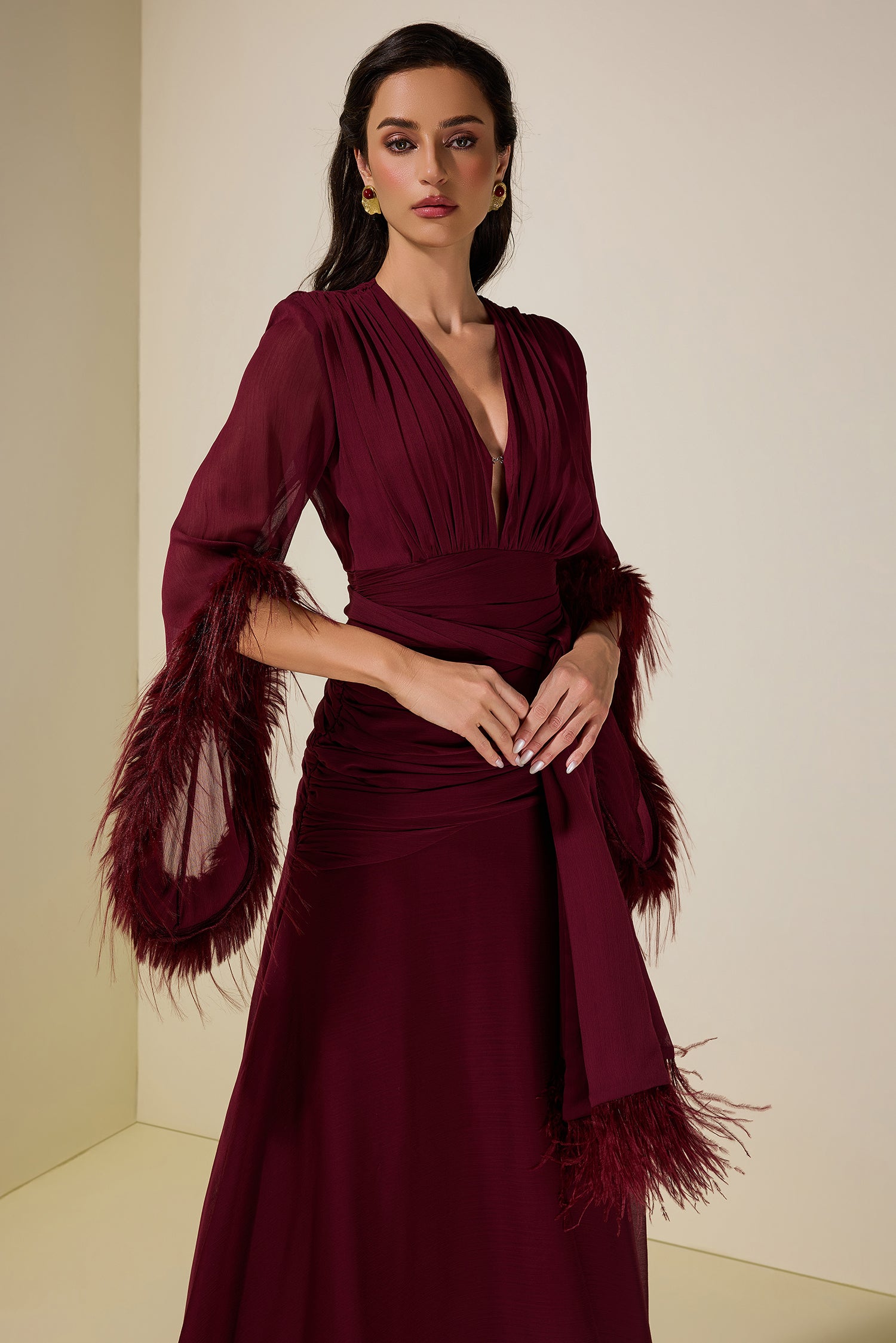 Chiffon Splicing Tassel V-Neck Maxi Dress With Belt