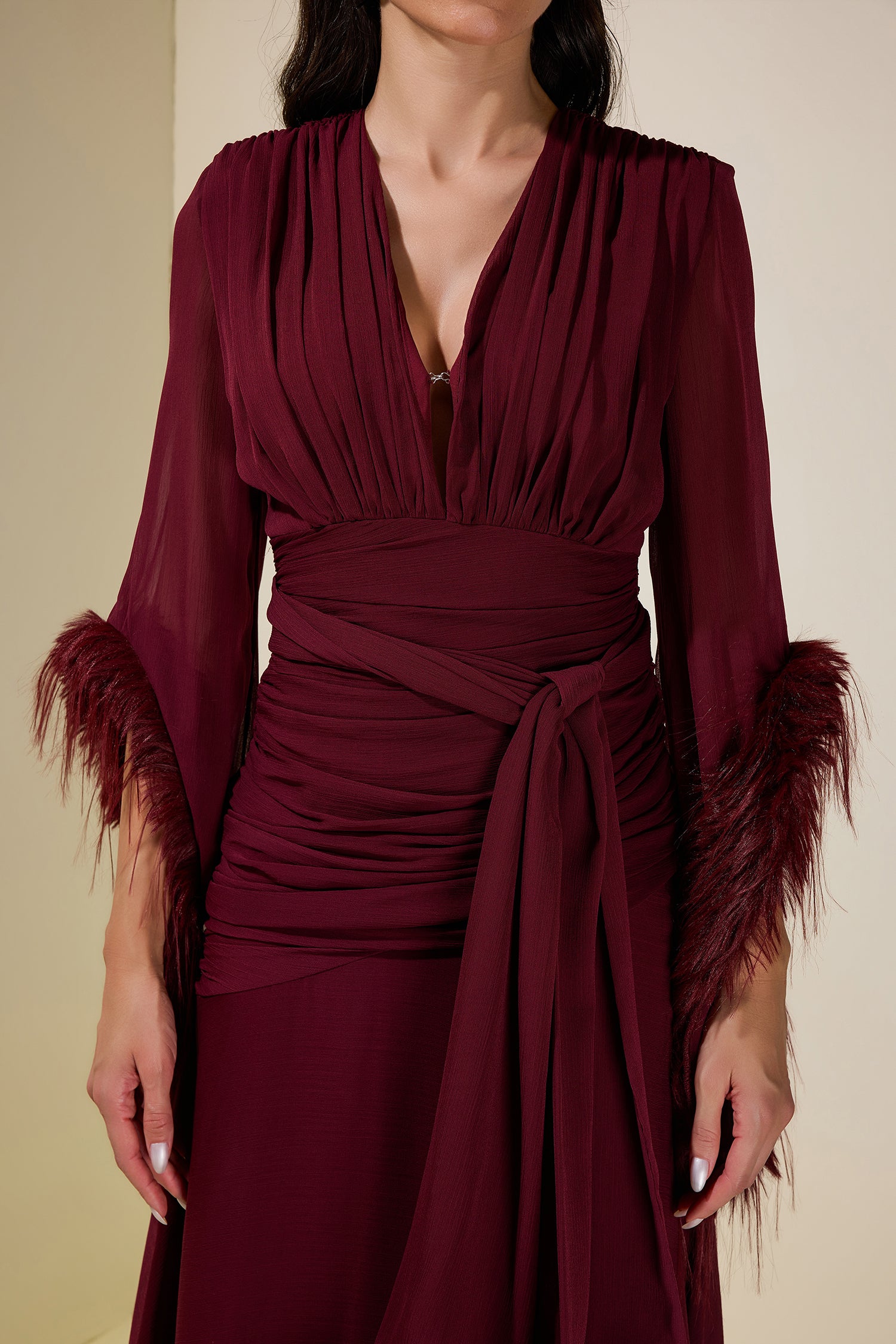 Chiffon Splicing Tassel V-Neck Maxi Dress With Belt