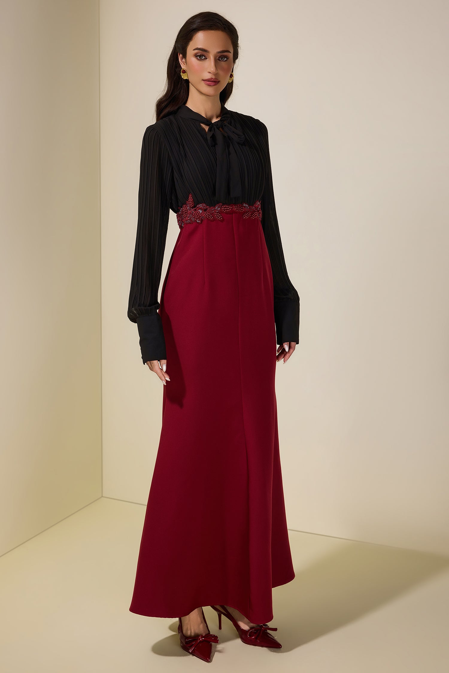 Chiffon Pleated Rivet Maxi Dress