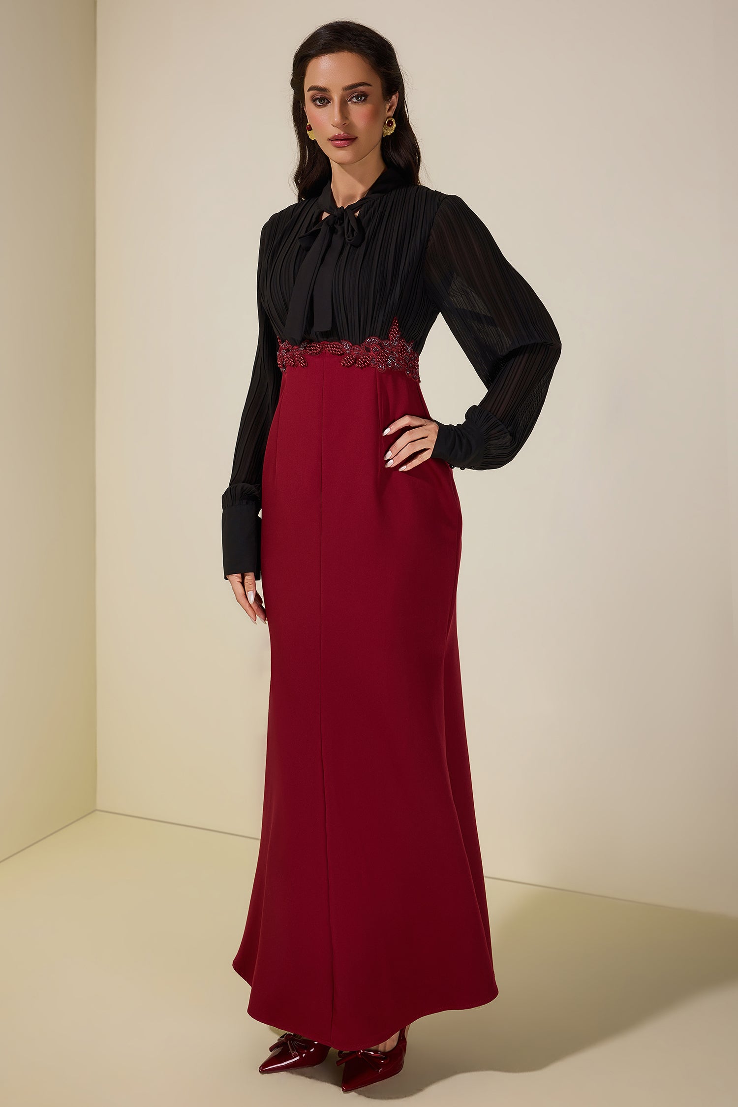 Chiffon Pleated Rivet Maxi Dress