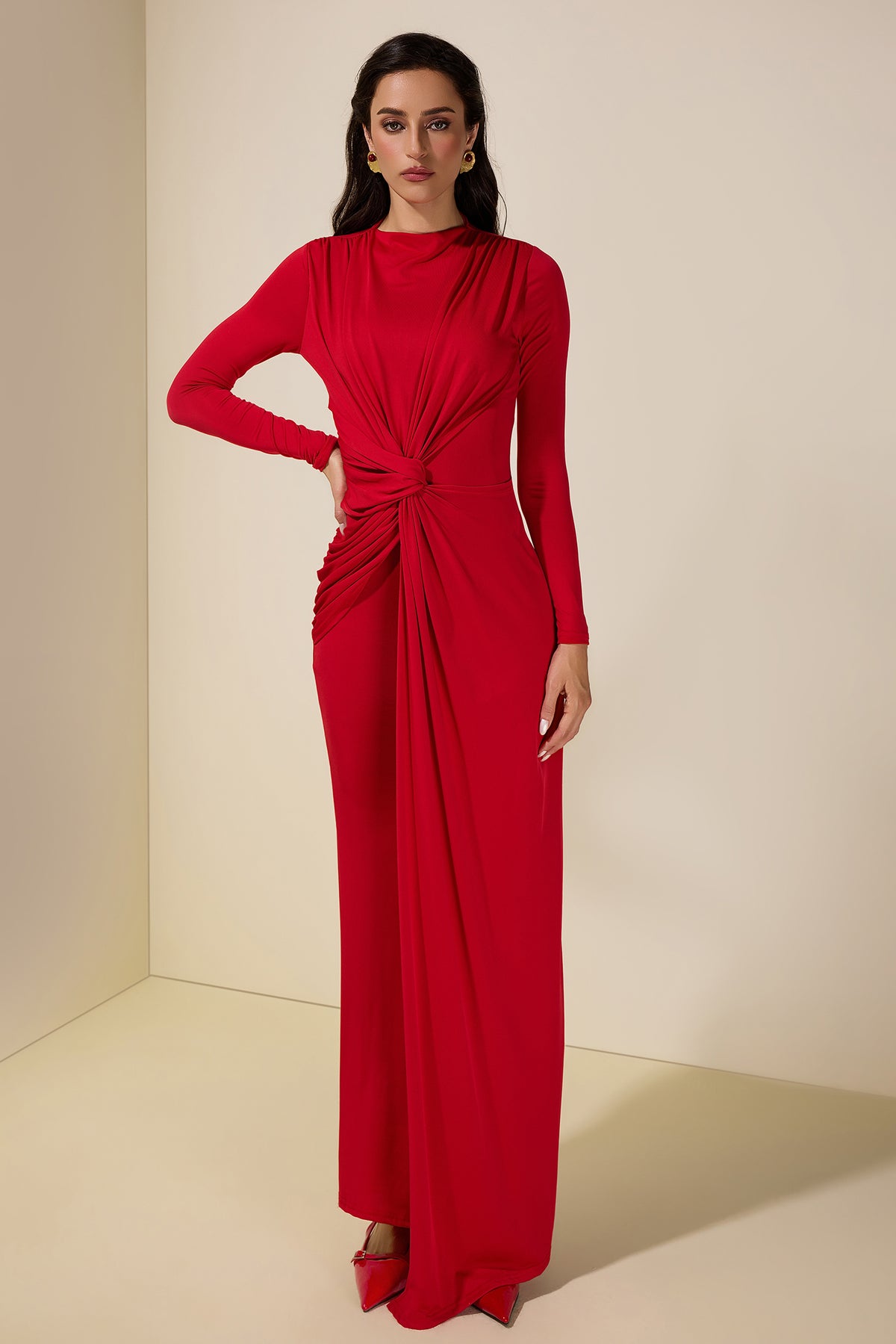 Solid Gathering Long Sleeve Maxi Dress