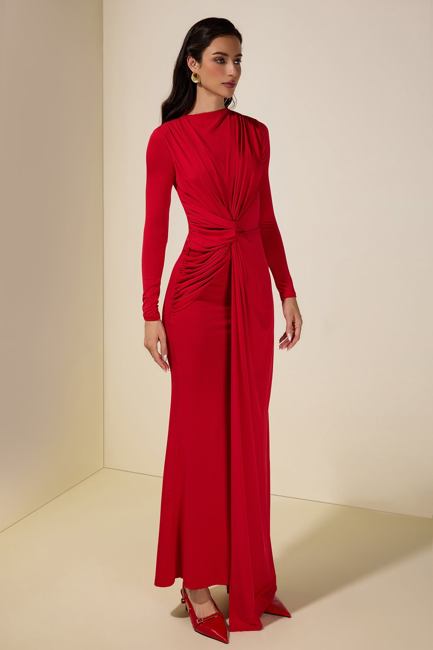 Solid Gathering Long Sleeve Maxi Dress