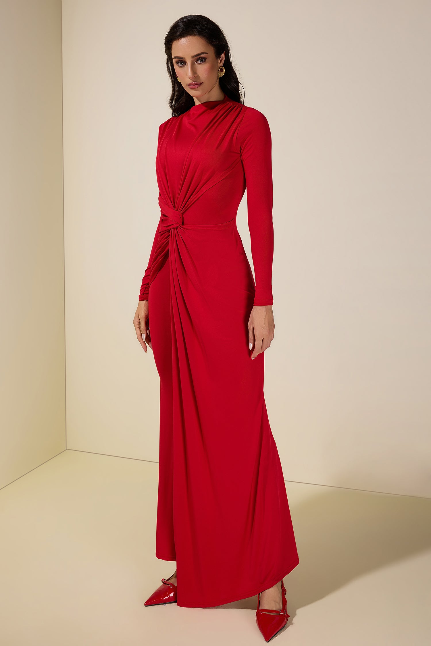 Solid Gathering Long Sleeve Maxi Dress