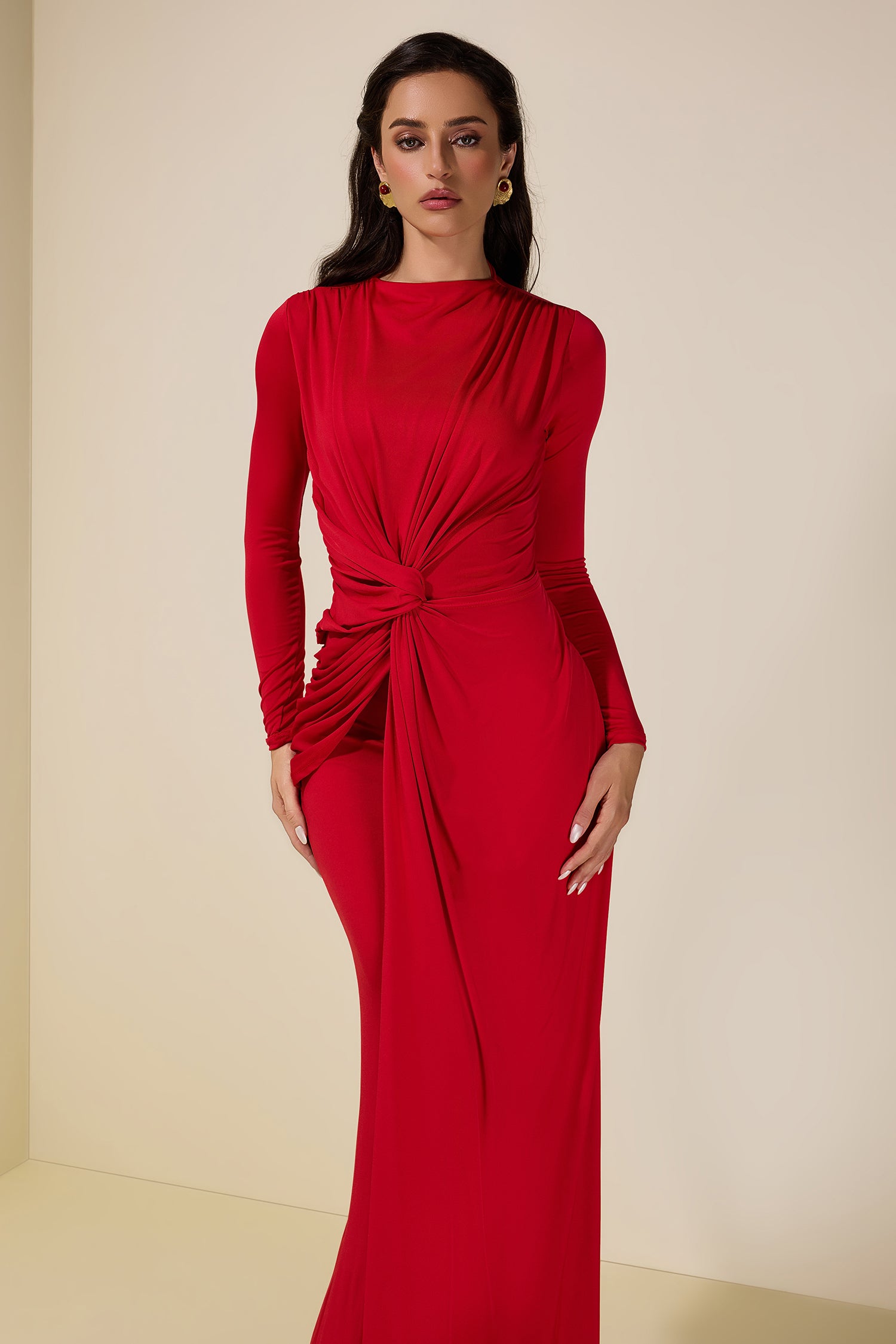 Solid Gathering Long Sleeve Maxi Dress