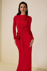 Solid Gathering Long Sleeve Maxi Dress