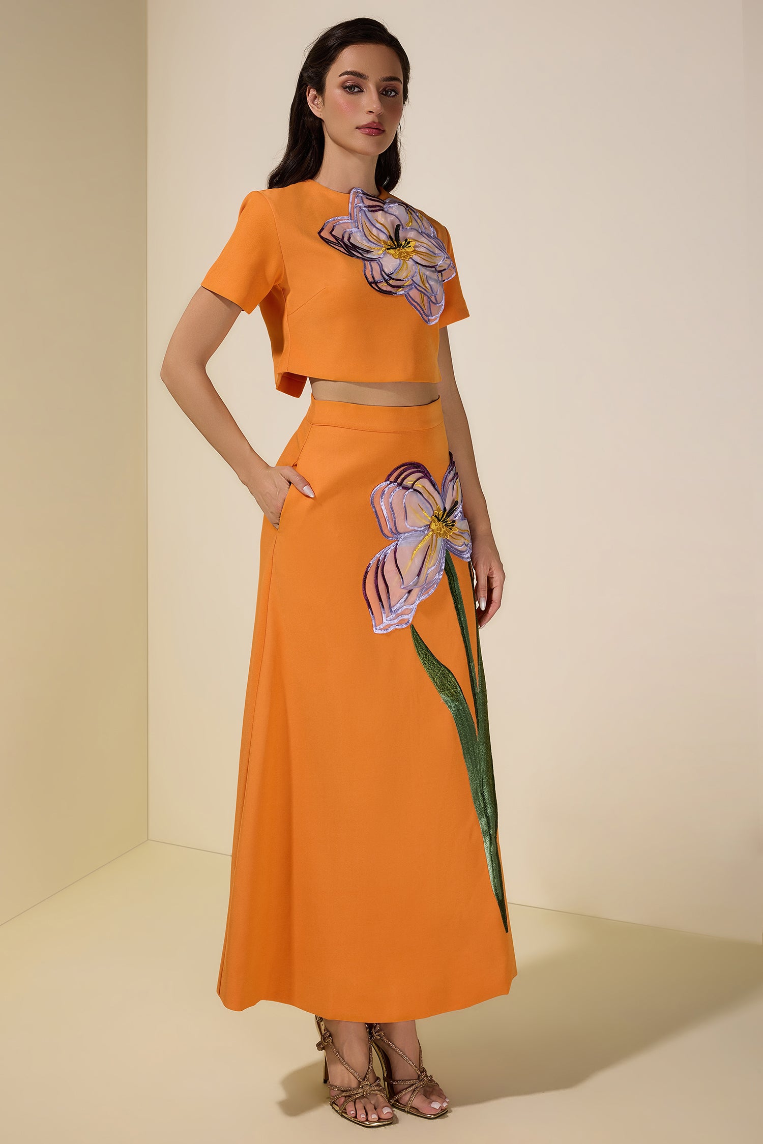 Appliquéd Round Neck Top & Maxi Skirt Set