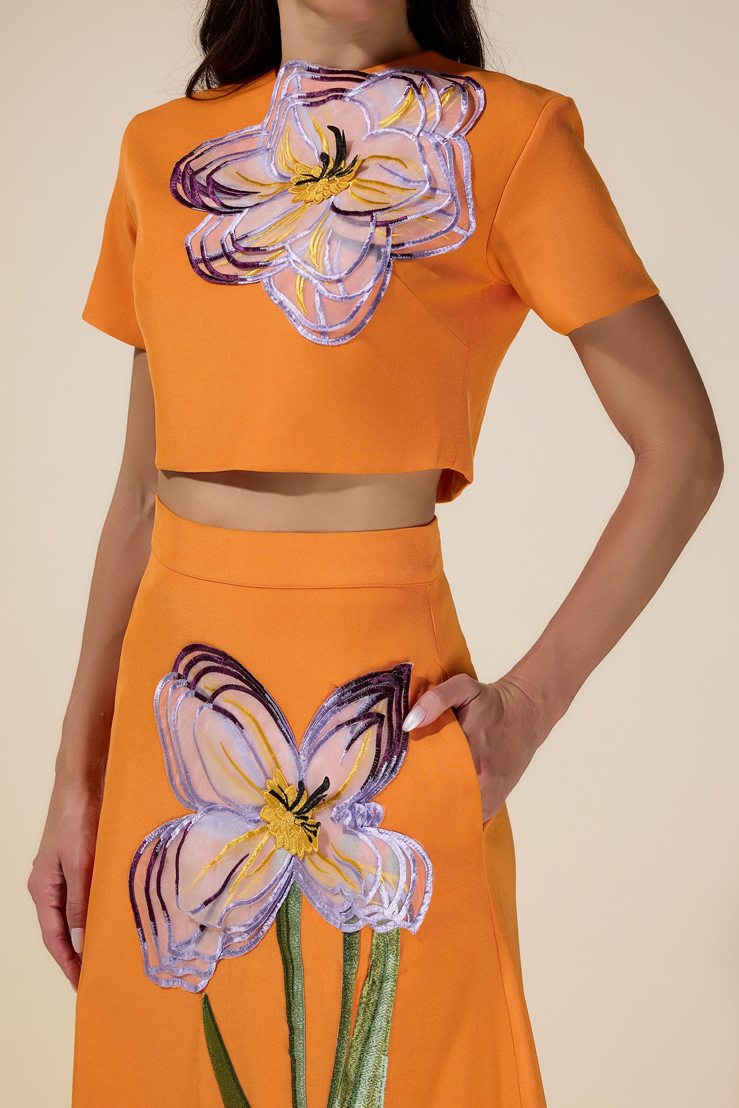 Appliquéd Round Neck Top & Maxi Skirt Set