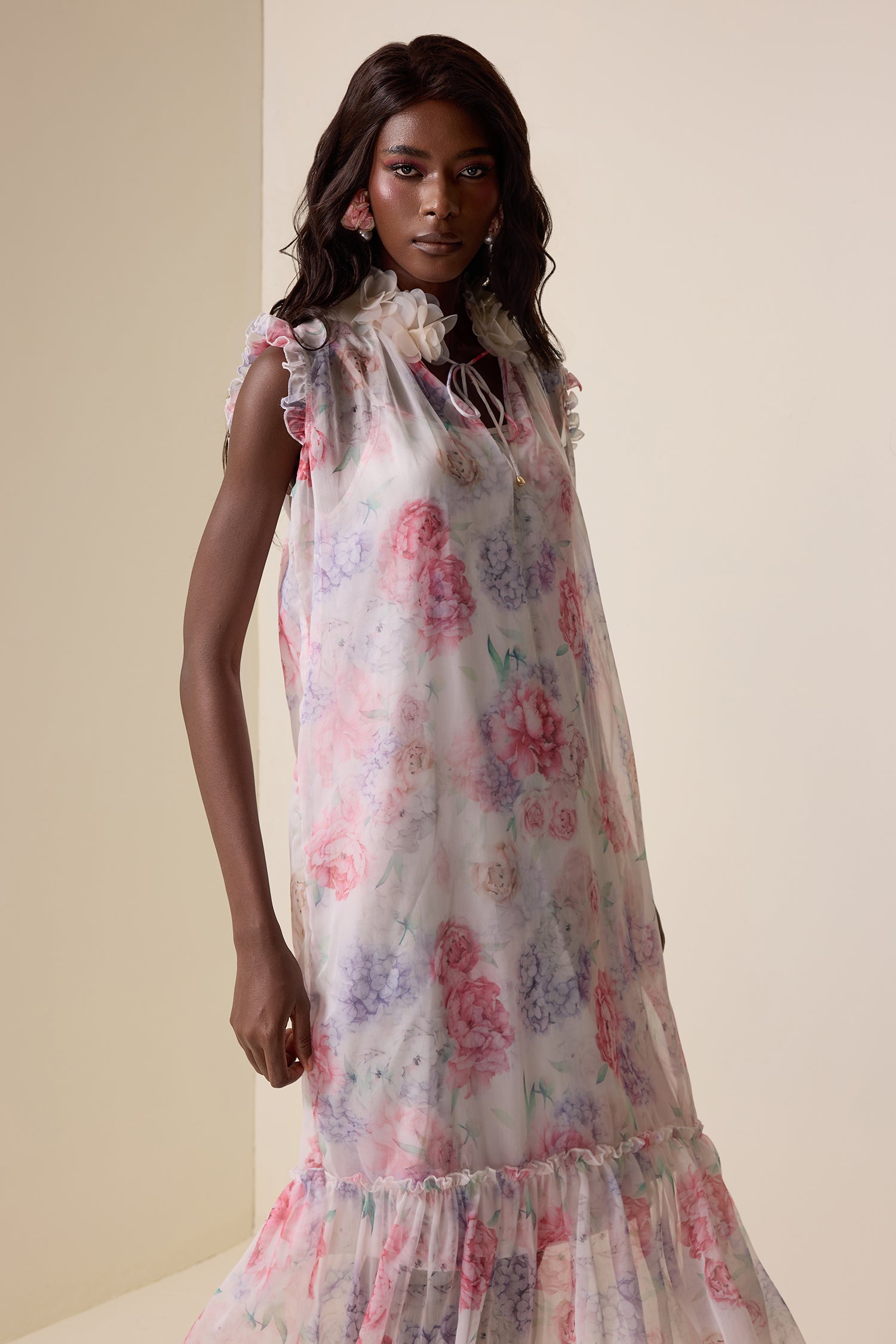 Floral Ruffle Lace Up Midi Dress
