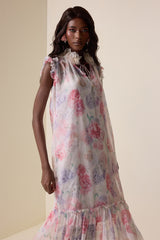 Floral Ruffle Lace Up Midi Dress