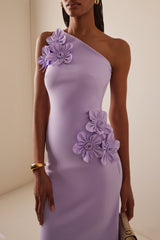 Solid 3D Flower Skew Collar Maxi Dress