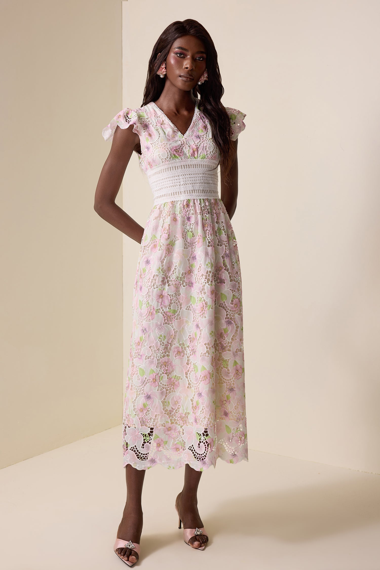Lace Floral V-Neck Midi Dress
