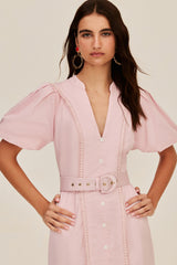 Lace Puff Sleeve Midi Dress With Belt