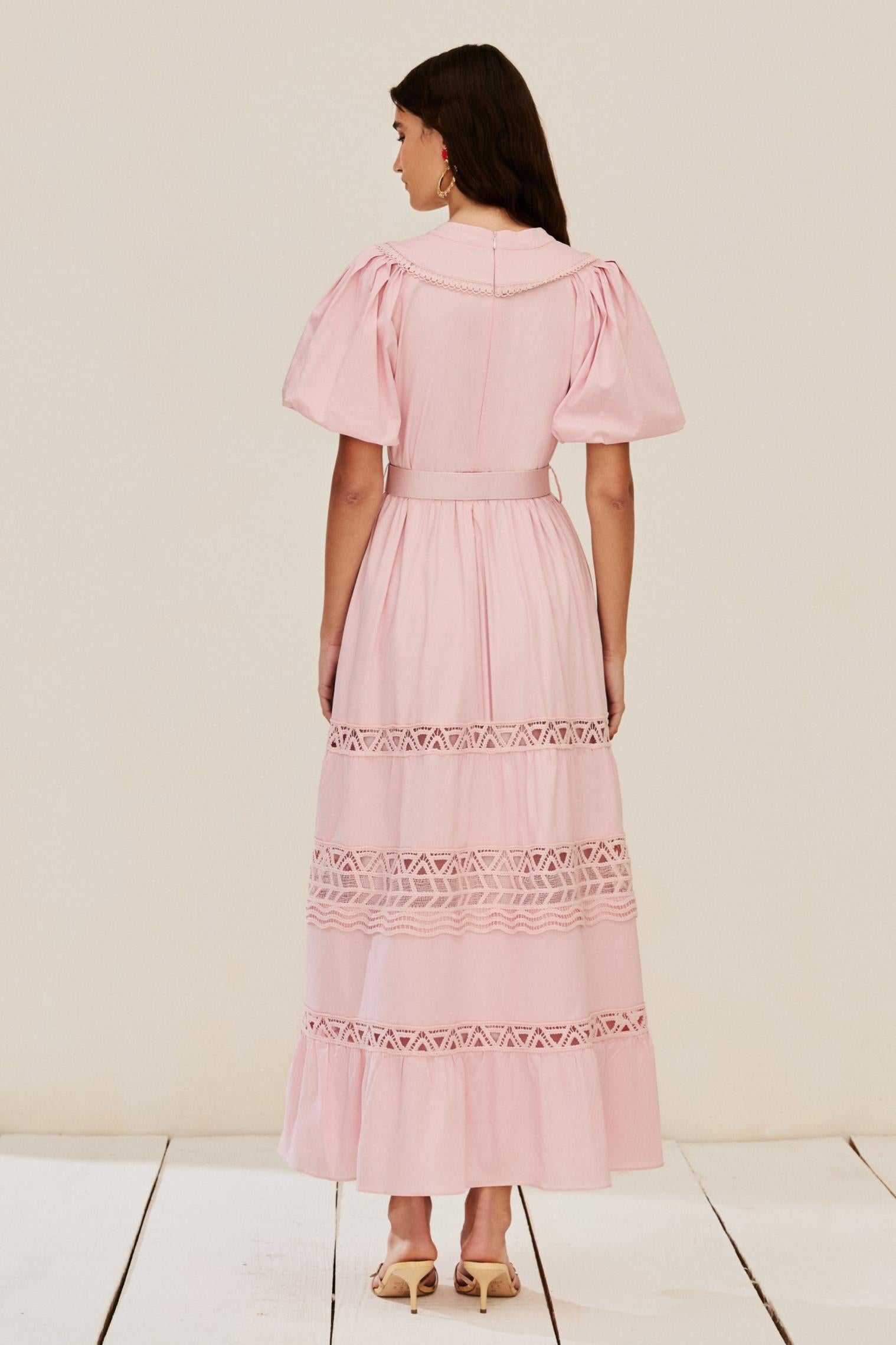 Lace Puff Sleeve Midi Dress With Belt