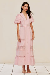Lace Puff Sleeve Midi Dress With Belt