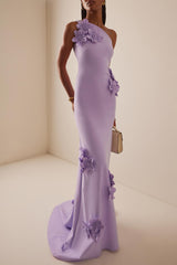 Solid 3D Flower Skew Collar Maxi Dress