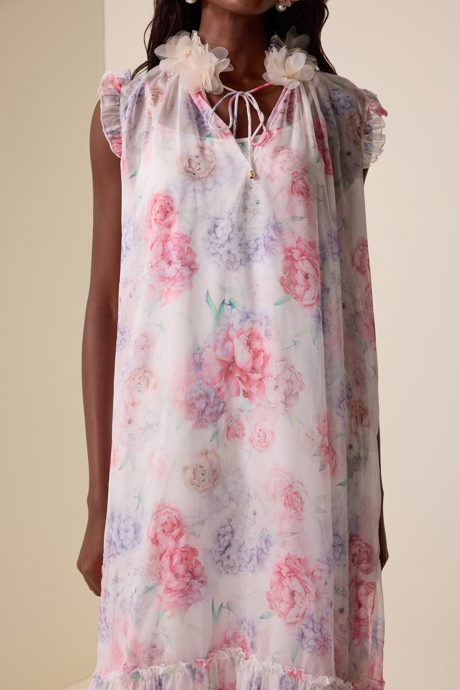 Floral Ruffle Lace Up Midi Dress