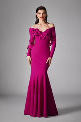 3D Flower Off-Shoulder Solid Maxi Dress