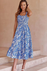 Floral Cami Lace Up Ruffle Mid Dress Blue
