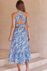 Floral Cami Lace Up Ruffle Mid Dress Blue