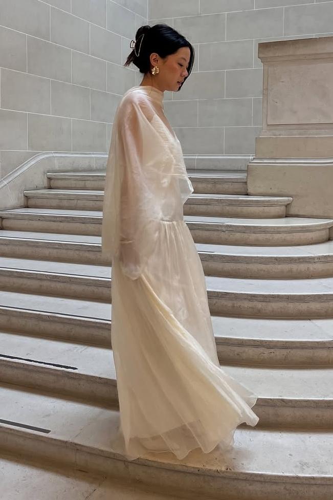 Satin Splicing Chiffon Maxi Dress With Cape