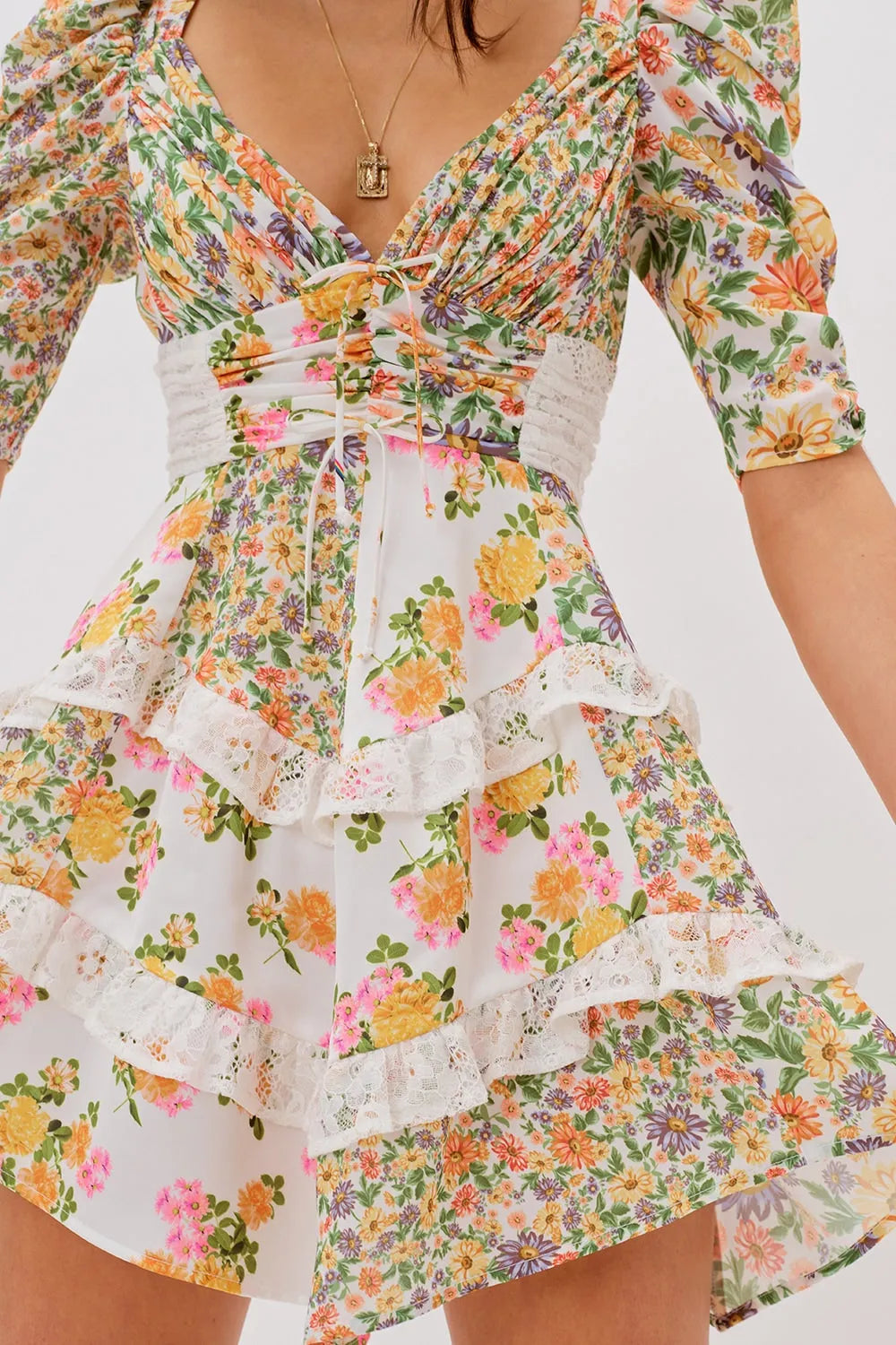 Floral Lace Puff Sleeve Mini Dress