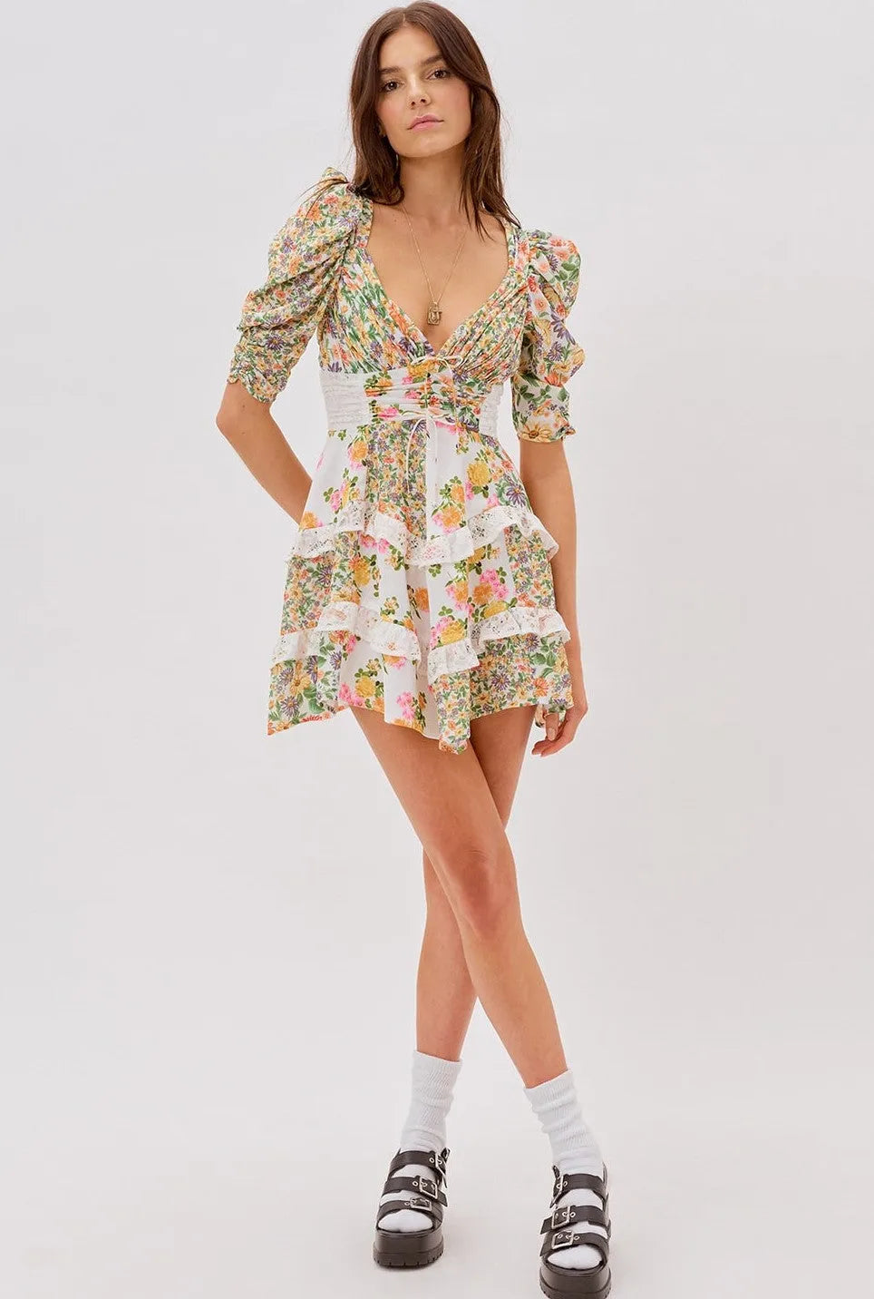 Floral Lace Puff Sleeve Mini Dress