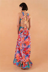 Floral Lace Up Ruffle Hem Maxi Dress