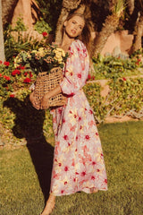 Floral Puff Sleeve Square Collar Backless Maxi Dress