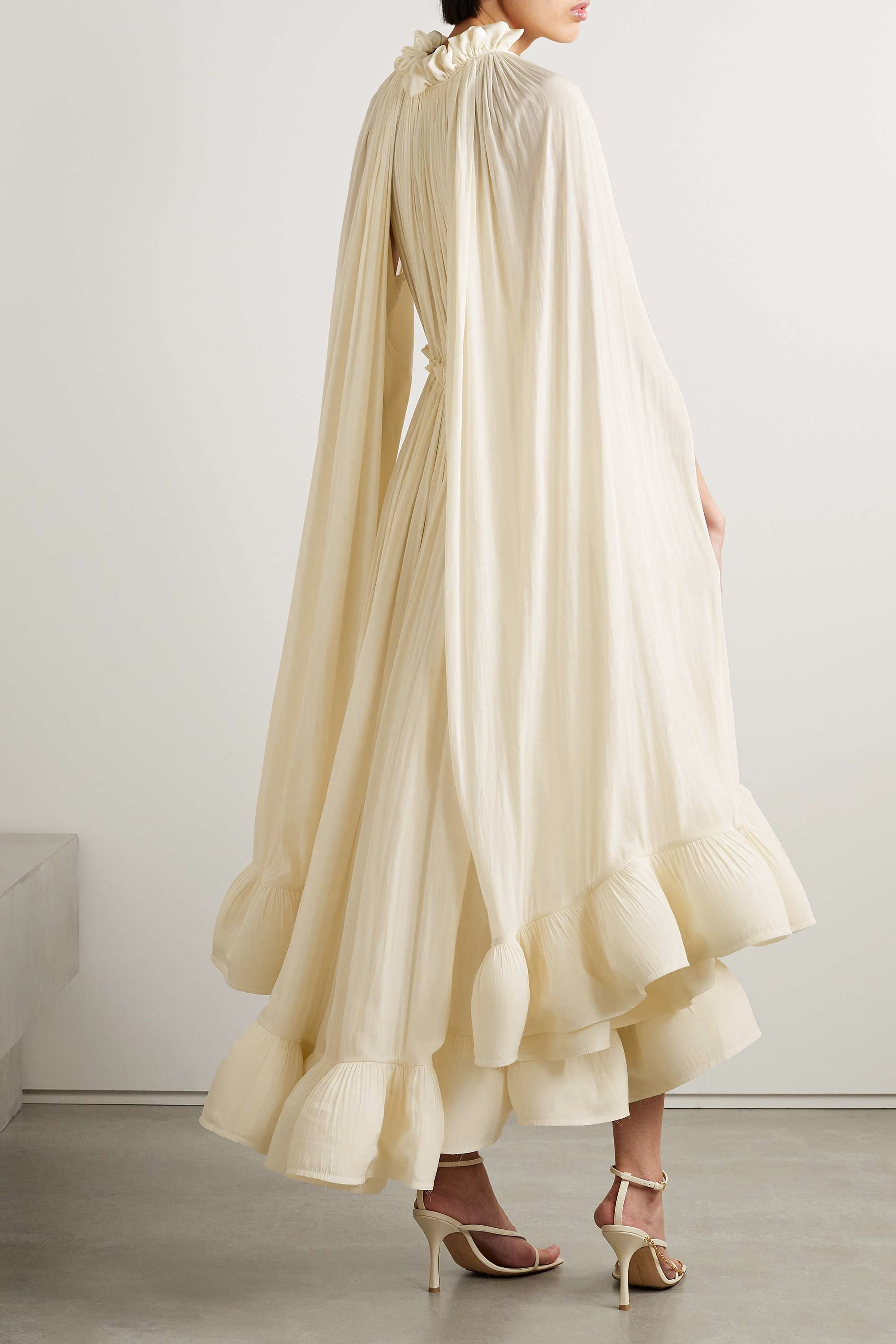 V-Neck Ruffle Hem Cape Midi Dress Beige