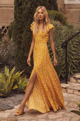 Flutter Sleeve V-Neck Slit Maxi Dress