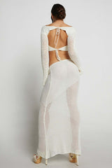 Cropped Knit Long Sleeve Top & Solid Low Waist Maxi Skirt Set